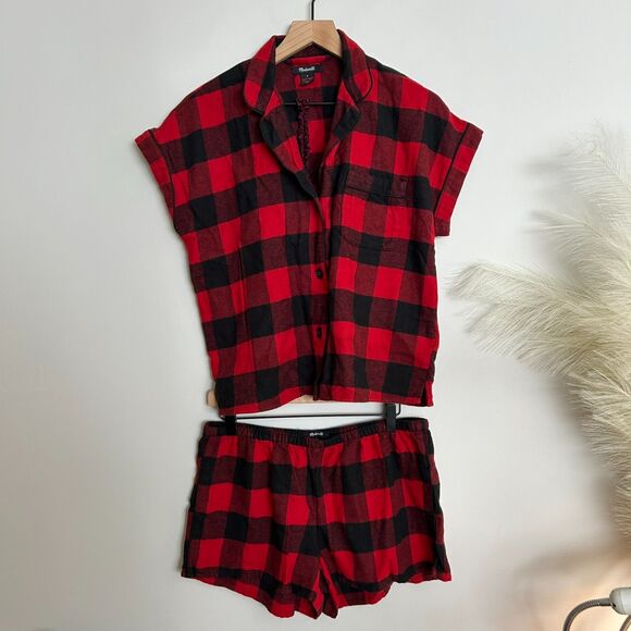 Madewell Flannel Bedtime Pajamas Red Buffalo Check - Picture 1 of 11